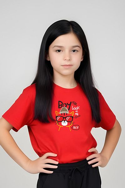 FYK KİDS Girl's Round Neck Printed Boy Cat Lower-Top Pjamas Suit