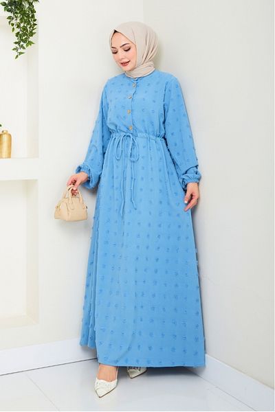 Bestenur Φόρεμα Ayrobin με μισό κουμπί Pompom 1499 - Baby Blue