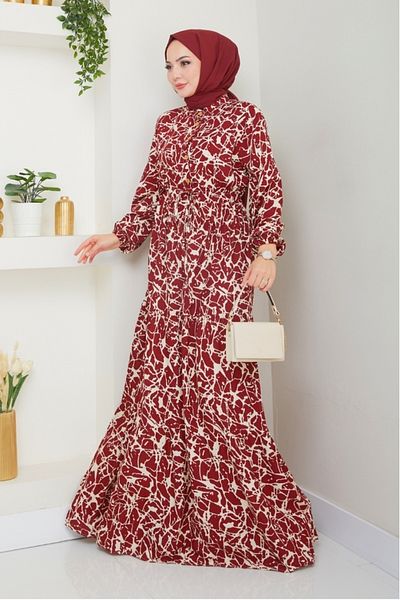 Bestenur Sevil Φόρεμα με μισό κουμπί υφαντό βισκόζη 1504 - Claret Red