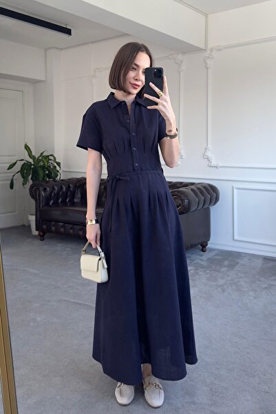 QİMYA BUTİK MAGARDE Γυναικείο μακρύ φόρεμα με πλισέ μέση με κουμπιά και κοντό μανίκι