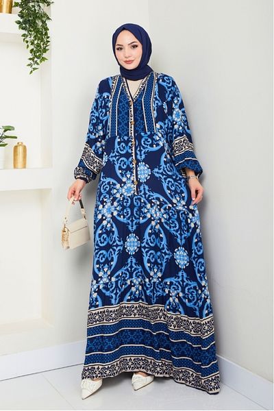 Bestenur Rayer Φόρεμα με μισό κουμπί υφαντό βισκόζη 1497 - Navy Blue