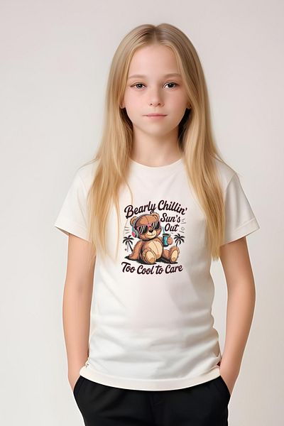 FYK KİDS Girl's Round Neck Printed Bearly Chillin Lower-Top Pjamas Suit