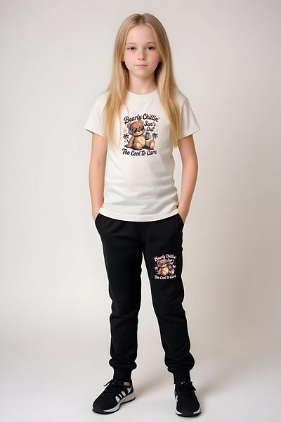 FYK KİDS Girl's Round Neck Printed Bearly Chillin Lower-Top Pjamas Suit