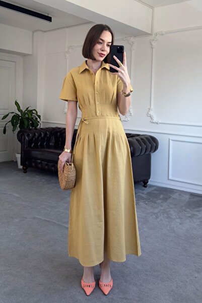 QİMYA BUTİK MAGARDE Rochie lungă cu mânecă scurtă, cu nasturi, cu talie plisată, aspect de in