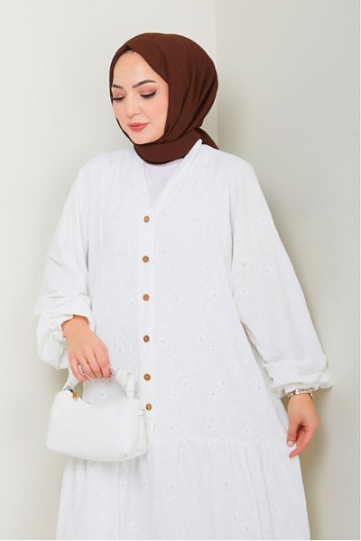 Bestenur Φόρεμα Cense Half Button 1496 - Λευκό