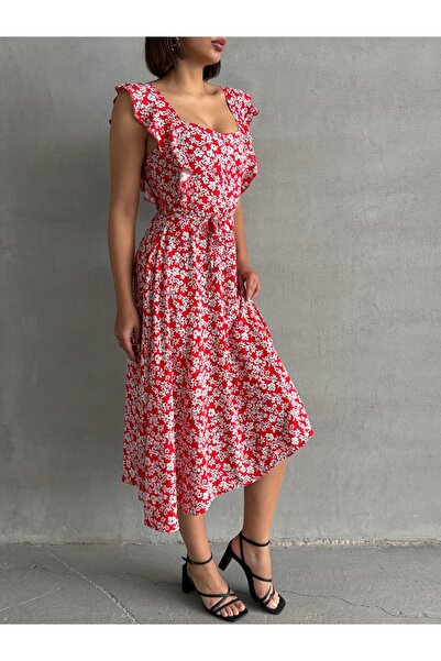 BEJNA Dámské letní tkané šaty s červeným květinovým vzorem a volánkovým detailem
