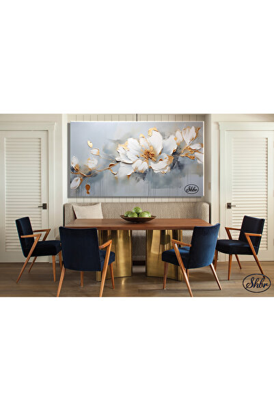 Şehber Tekli Yatay Kanvas Tablo Altın Varaklı, Beyaz Çiçek, 3D, Dekoratif Duvar Tablosu