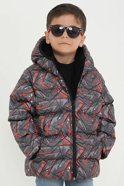 freemen Boy's Black Geometric Pattern Fleece Water and Windproof Hooded Puffer Winter Coat