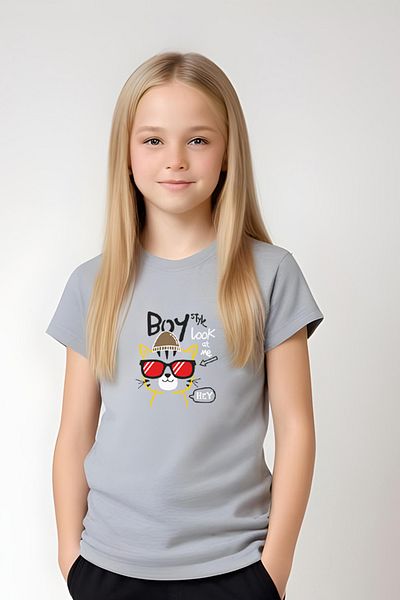 FYK KİDS Girl's Round Neck Printed Boy Cat Lower-Top Pjamas Suit