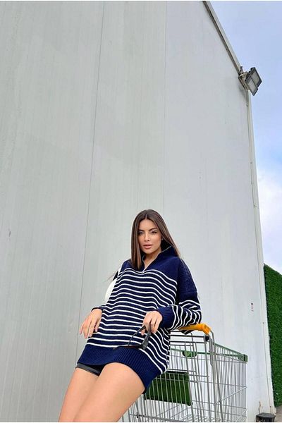 NZL TEKSTİL Dgn's Zippered-Stripe Oversize Women's Knitwear Sweater