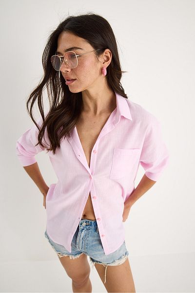 Bianco Lucci Women's Single Pocket Oversize Linen Shirt 25626 60284054