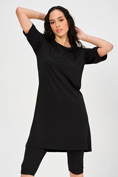 Bordomix 22700 Women's Black Short Sleeve Semi-Covered Hijab Swimsuit