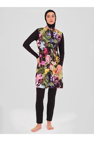 Bordomix 24403 Women's Black Floral Patterned Hijab Swimsuit
