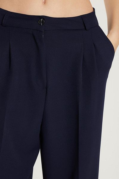 Tudors Women's Regular Fit Pleated Flared Leg Navy Blue Trousers