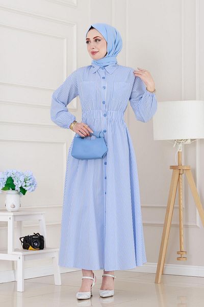 Sevitli Buttoned Striped Dress-Baby Blue