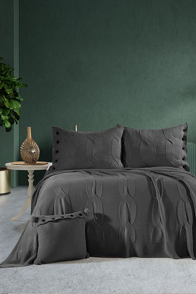 DOUX HOME طقم مفرش سرير تريكو مزدوج من كاليف 240 × 260 سم أنثراسايت