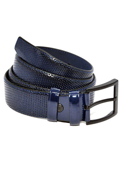 Süzer Deri Синій шкірозамінник з візерунком, класичний ремінь шириною 4 см - 7495-68-21M