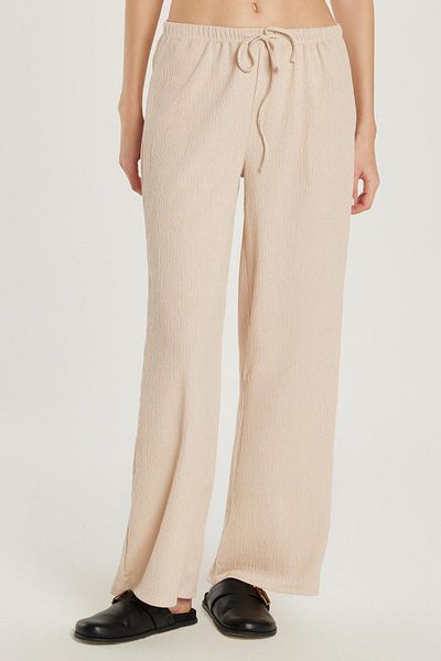 Tudors Women's Slim Fit Seersucker Raschel Waist Lace up Wide Leg Beige Trousers