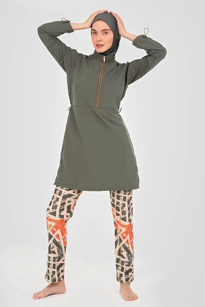 Bordomix 24302 Women's Khaki Adjustable Patterned Hijab Swimsuit