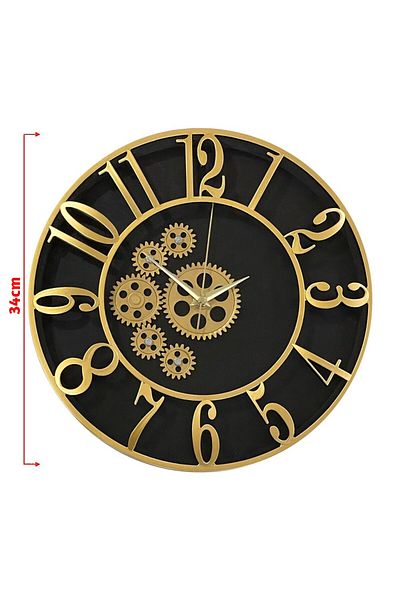 Loop Kördüğüm Galaxy Wall Clock with Turning Wheel Black Case Gold Numbers 34cm