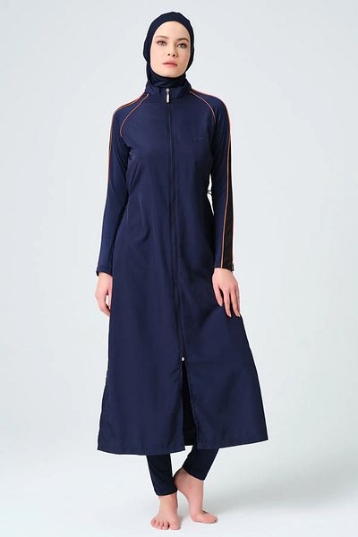 Bordomix 24501 Women's Navy Blue Sleeve Stripe Detailed Long Hijab Swimsuit