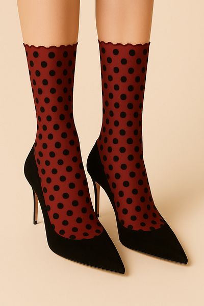 DİLARRA Boutique Burgundy Small Large Polka Dot Tulle Socks