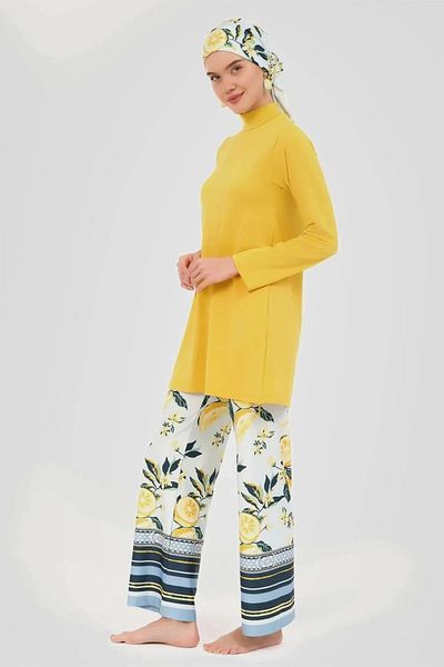 Bordomix 24606 Women's Yellow Lemon Patterned Long Hijab Swimsuit