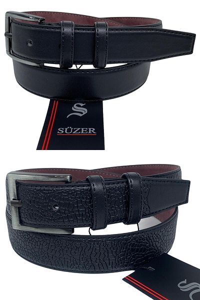 Süzer Deri Set of 2 Children's Size Faux Leather 3 cm Waiter's Classic Belt - Black Plain and Patterned