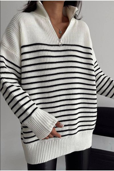 NZL TEKSTİL Dgn's Zippered-Stripe Oversize Women's Knitwear Sweater