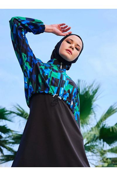 Bordomix 23260 Women's Blue Patterned Crop Detailed Hijab Swimsuit