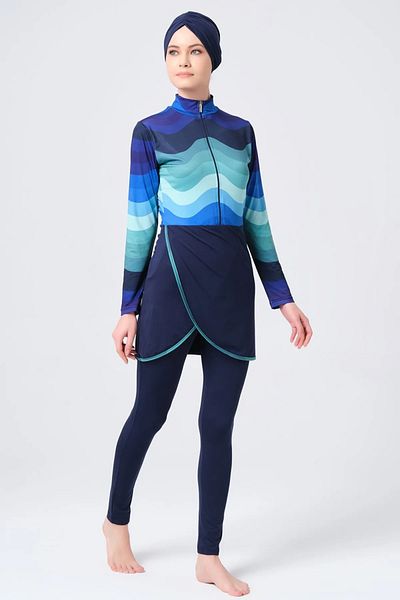 Bordomix 23690 Women's Navy Blue Wave Patterned Hijab Swimsuit with Skirt