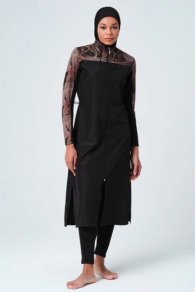 Bordomix 23512 Women's Black Zipper Detailed Long Hijab Swimsuit