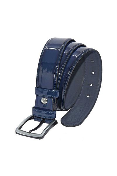 Süzer Deri Navy Blue Patent Leather Faux Leather Stitched 4 cm Classic Belt - 7400-95