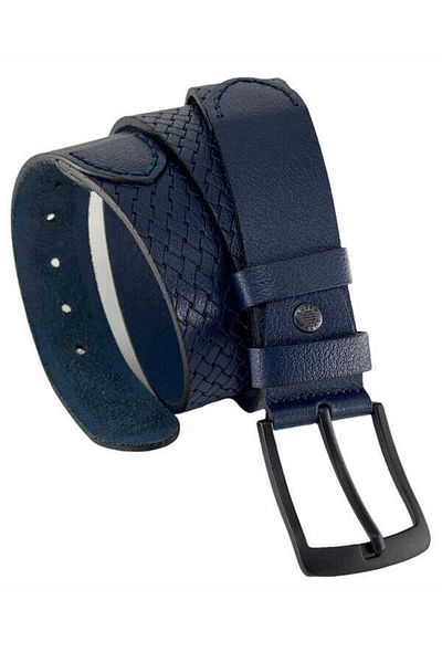 Süzer Deri Navy Blue Genuine Leather Special Production 3 Piece Handcrafted 4 Cm Sport Denim Belt - 405-999