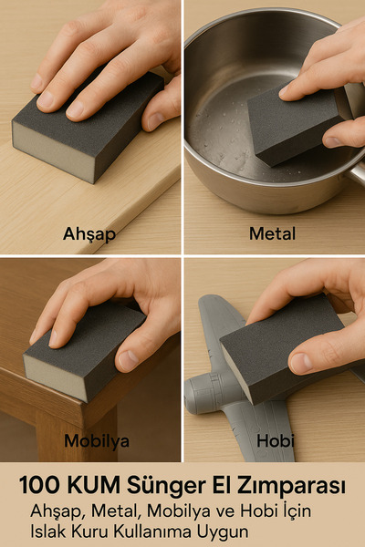 LEOX 2'li Sünger Zımpara Seti 100-120 Kum | Ahşap Metal Mobilya Hobi İçin Islak Kuru Kullanıma Uygun