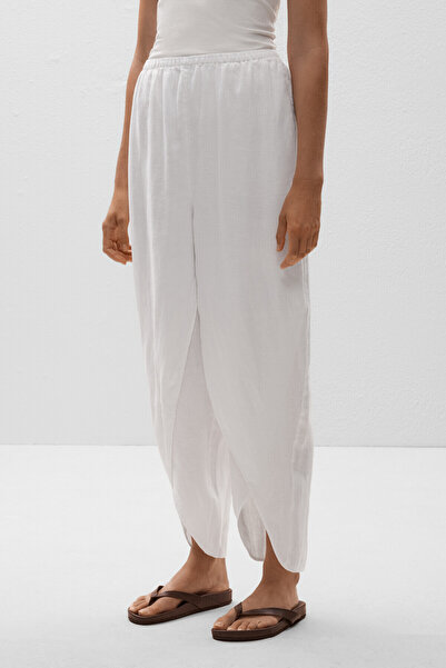 Oysho % 100 keten yuvarlak yırtmaçlı barrel pantolon