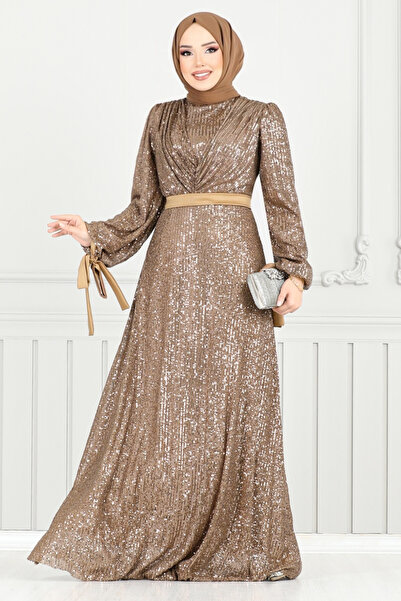 ModaMerve Manşeti Bağcıklı Tesettür Abiye 5690END900-M Koyu Vizyon