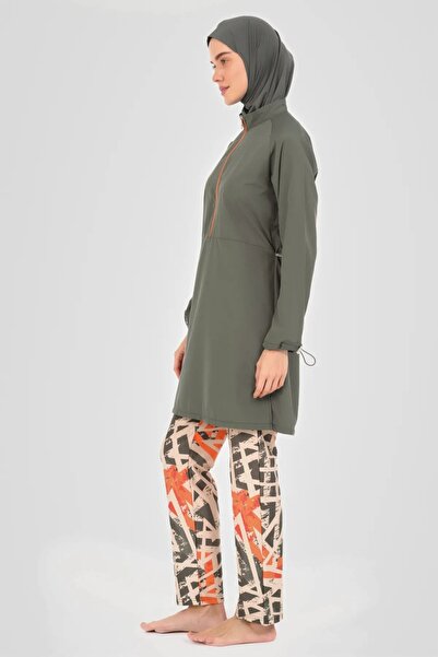Bordomix 24302 Women's Khaki Adjustable Patterned Hijab Swimsuit