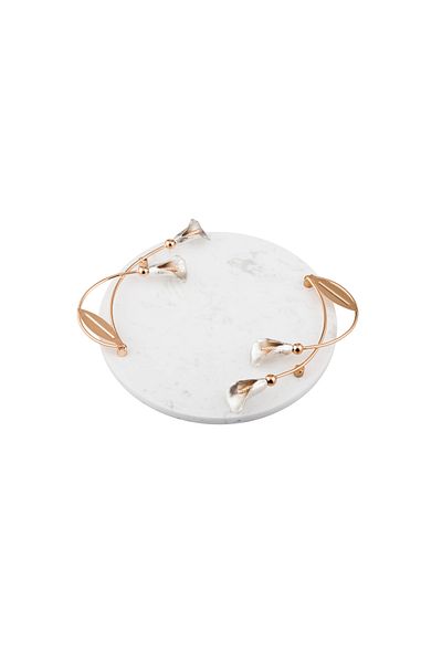 Dania Tray made of natural marble with golden metal side handles - Lily design, size 25 cm