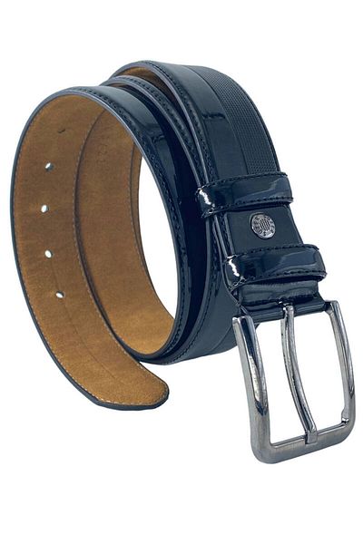 Süzer Deri Black Patent Leather Faux Leather Half Patterned 4 Cm Classic Belt - 7400-901-22kx