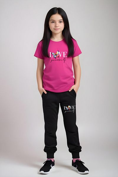 FYK KİDS Girl's Printed Love Your Self Waist Detail Elastic Bottom and Top Set