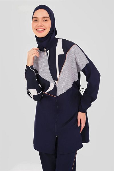 Bordomix 24202 Women's Navy Blue Color Block Zippered Hijab Swimsuit
