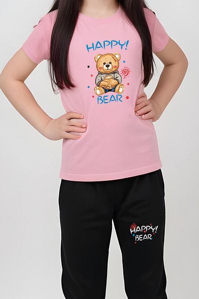 FYK KİDS Girl's Printed Happy Bear Waist Detail Elasti̇Kli̇ Alt-Top Pi̇Jama Set