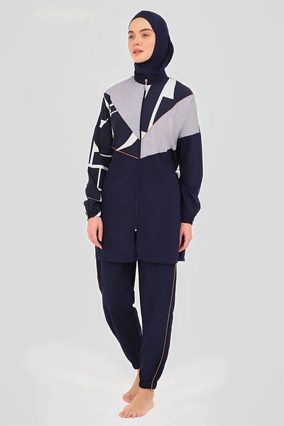 Bordomix 24202 Women's Navy Blue Color Block Zippered Hijab Swimsuit