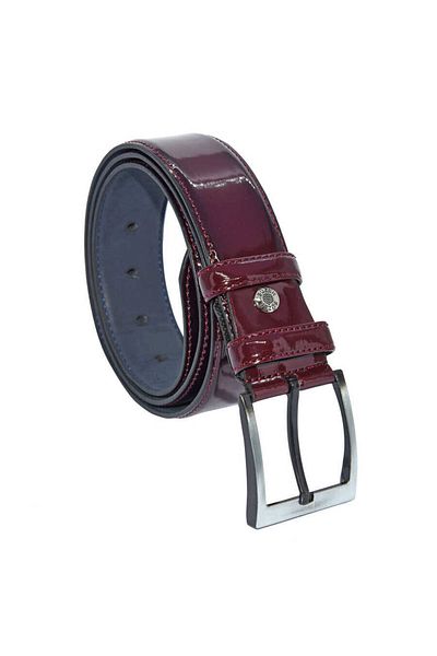 Süzer Deri Claret Red Patent Leather Faux Leather Stitched 4 Cm Classic Belt - 7400-97