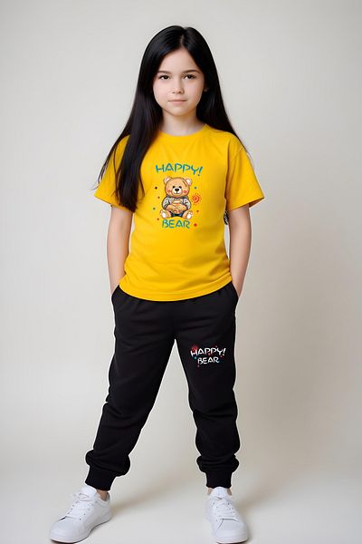 FYK KİDS SET DE Pijamale CU DETALIE ÎN TALIE HAPPY BEAR IMPRIMATE FETE
