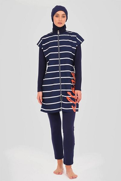 Bordomix 24303 Women's Navy Blue Striped Hijab Swimsuit