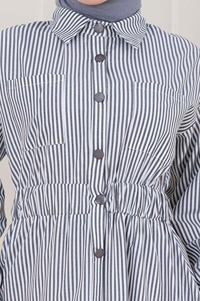 Sevitli Boydan Düğmeli Çizgili Elbise-Gri