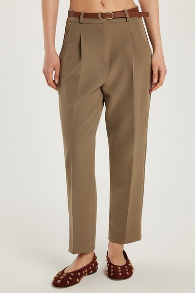 Tudors Women's Standard Fit Pleated Wide Leg Khaki Trousers