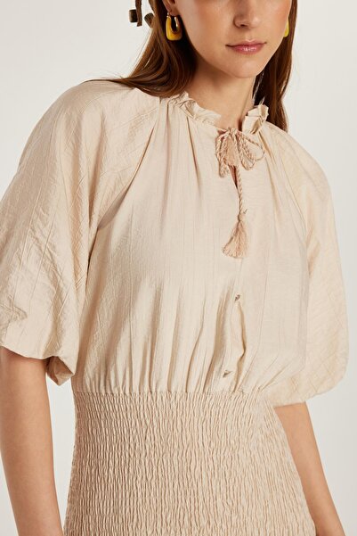 Tudors Women's Standard Fit Elastic Waist Parachute Fabric Short Sleeve V Neck Midi Length Beige Dress